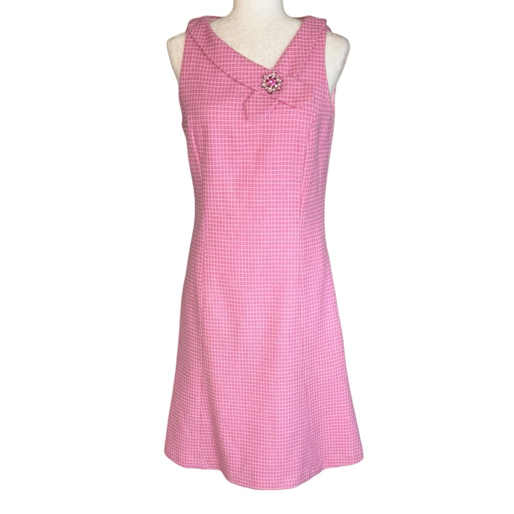 LN Tibi Vintage Pink Geometric Plaid Rhinestone Detail Sleeveless Wool Dress - 8